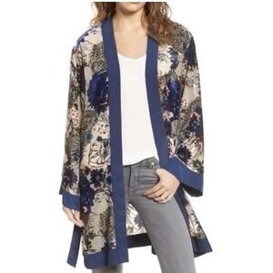 Willow & Clay Blue Floral Velvet Burnout Kimono Robe Wrap Cardigan Size S/M